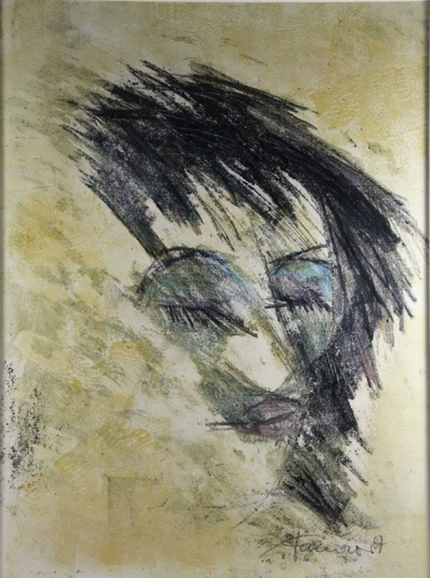 Damrow, Winfried1925-2000, Mischtechnik, Portrait S, Frauengesicht mit markant geschminkten g
