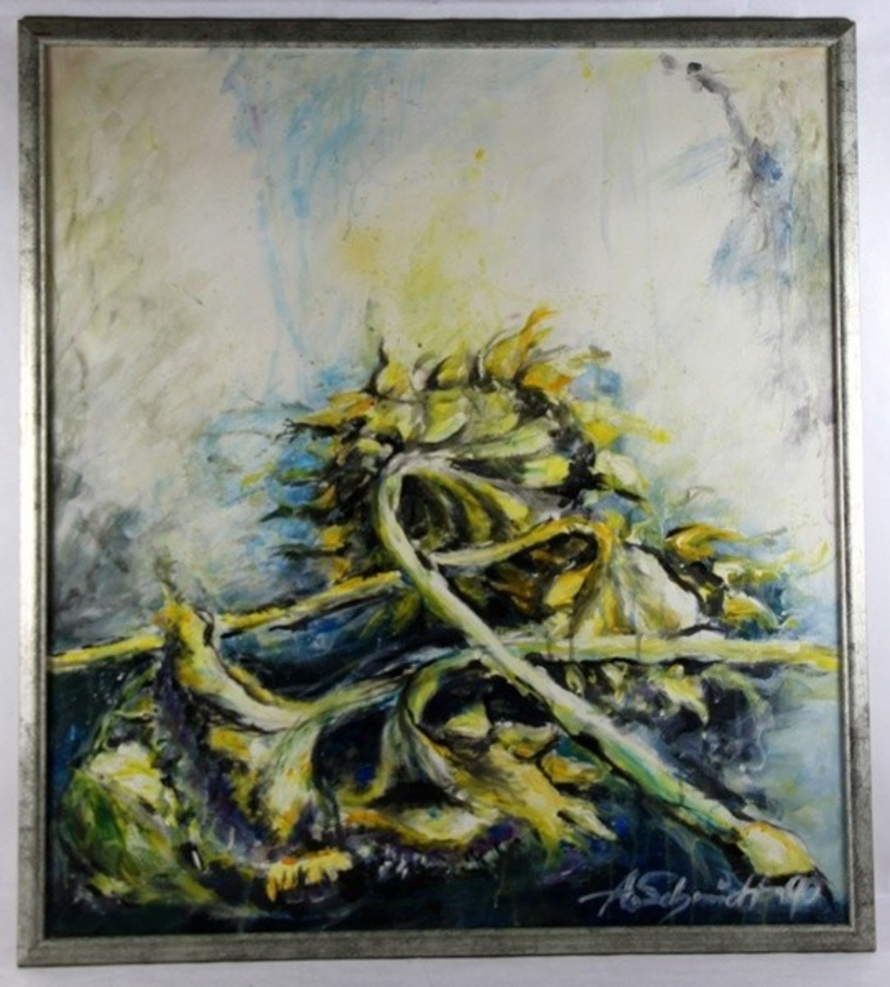 Unbekannter Künstler1990, übereinanderliegende Sonnenblumen, unten rechts signiert A. Schmi