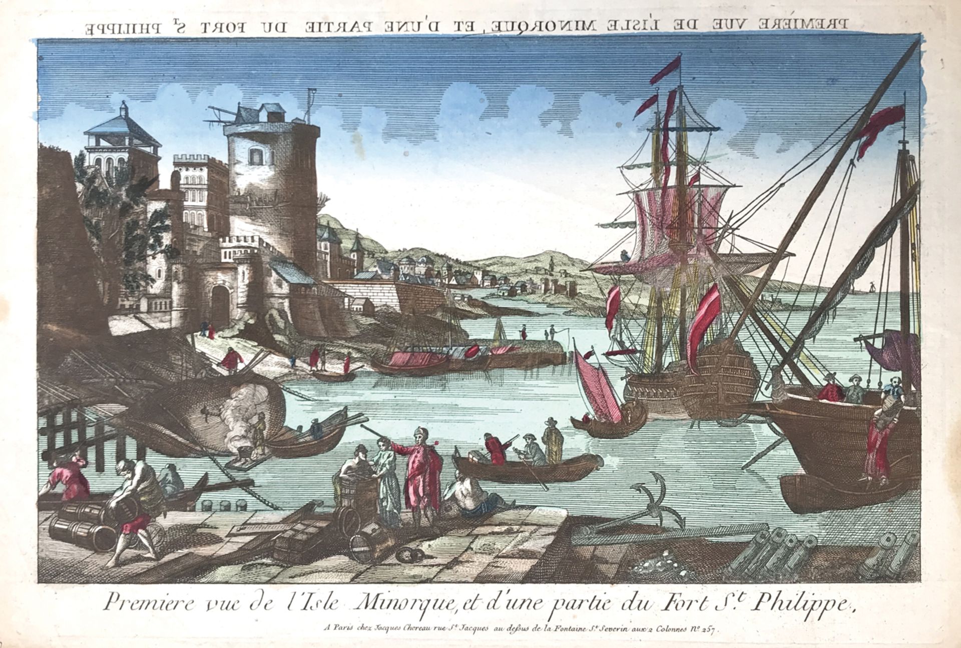 Espagne. Vue d’optique. XVIIIème siècle.Première vue de l’isle Minorque et d’une partie du fort
