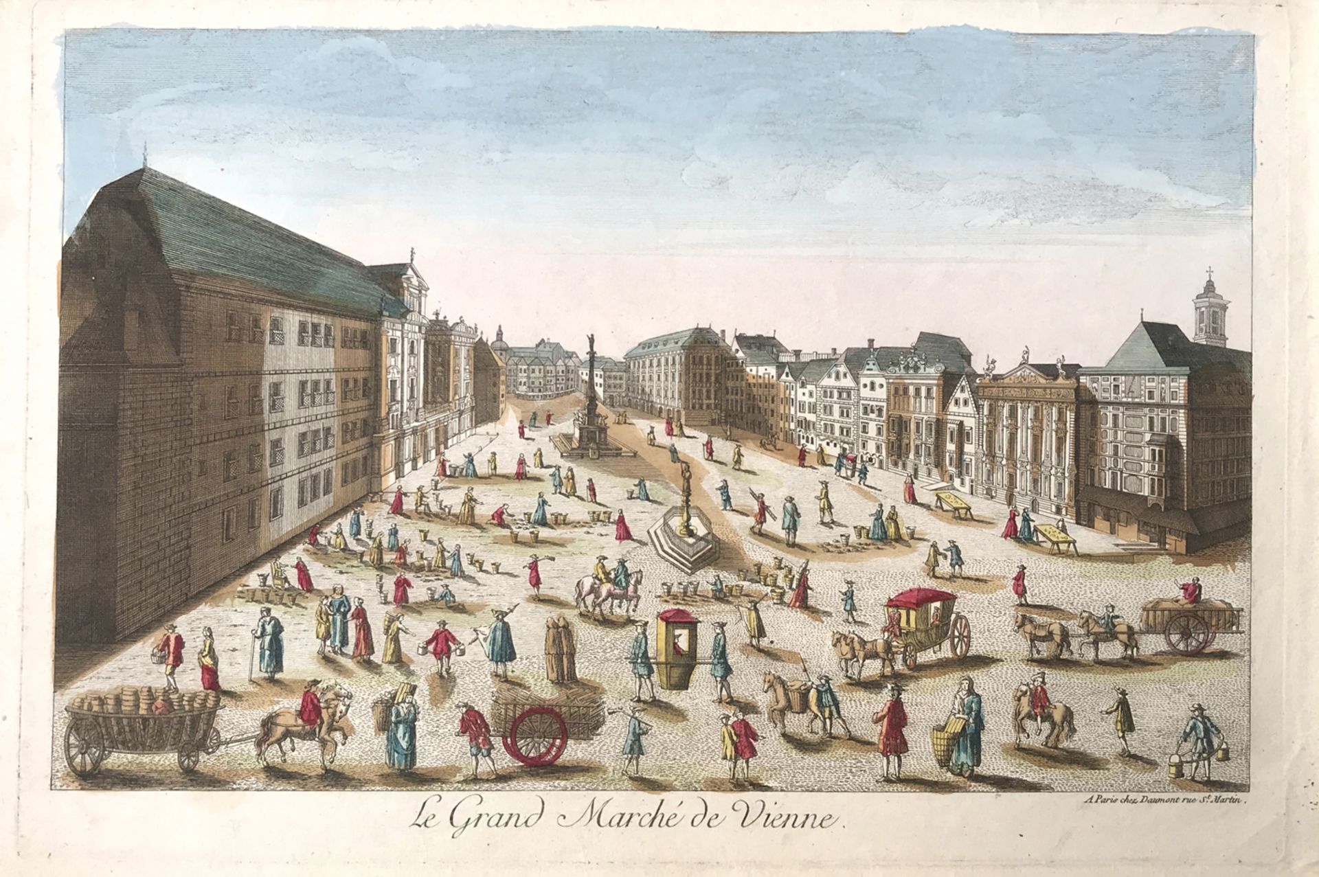 Autriche. Vienne. Deux vues d’optique. XVIIIème siècle.Le grand marché de Vienne. Gravure rehaussée.