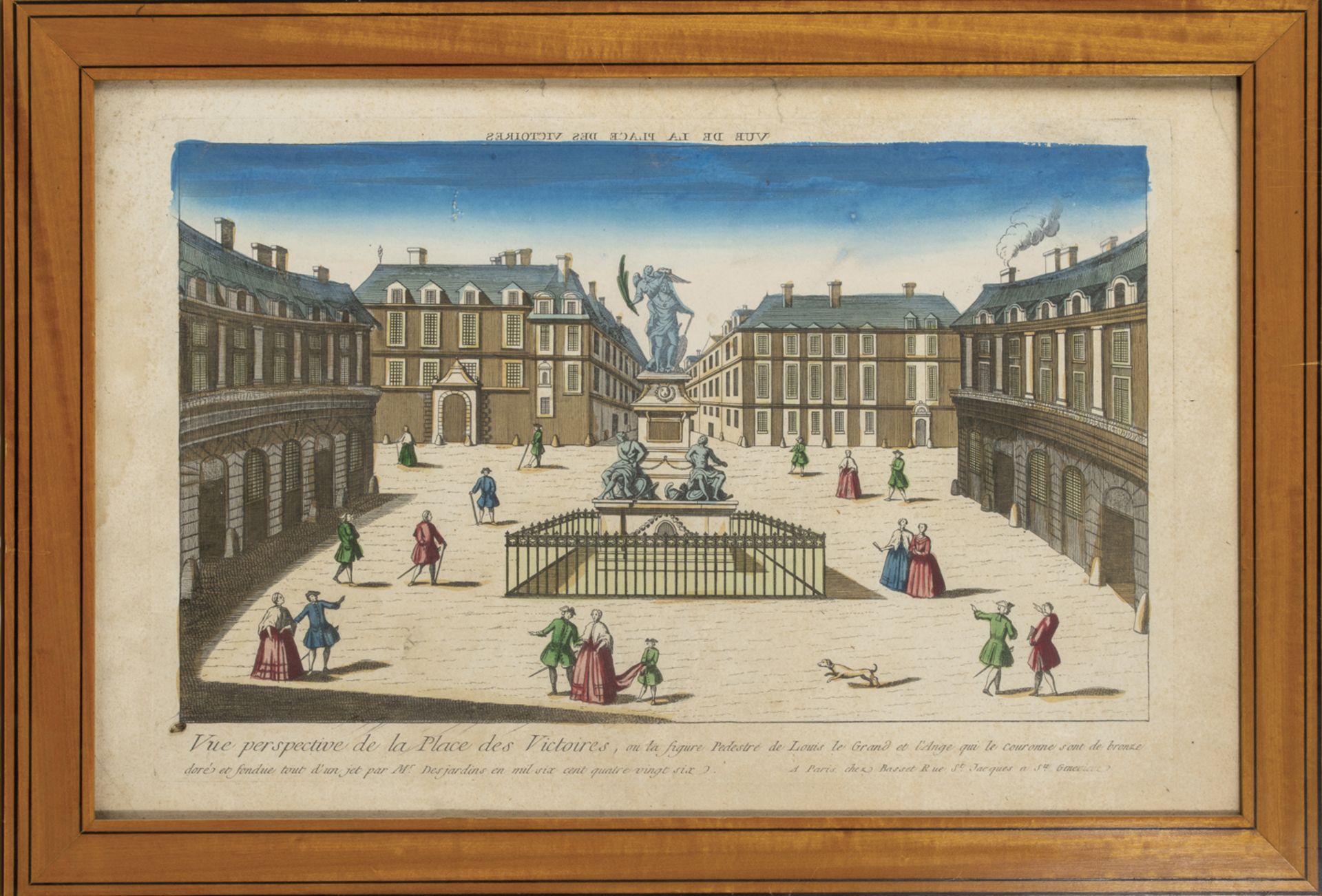 France. Vue d’optique. XVIIIème siècle.Vue Perspective de la place des Victoires. Gravure rehaussée.