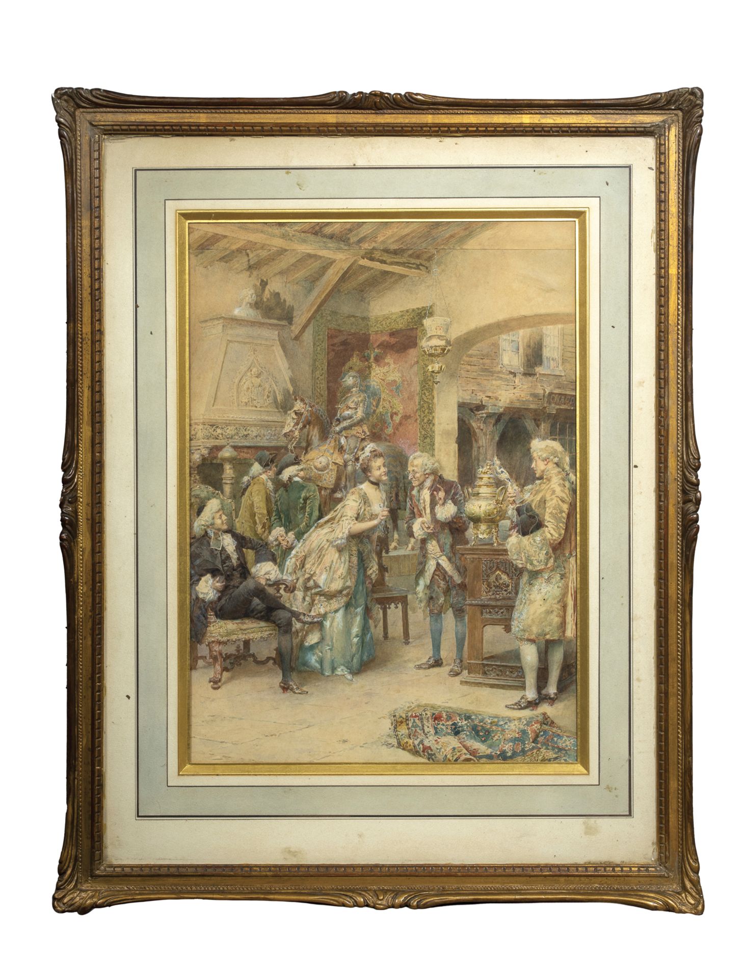 Ludovico MARCHETTI (1853-1909).<br>Intérieur néogothique. Discussion.<br>Aquarelle.<br>43 x 31 cm. (