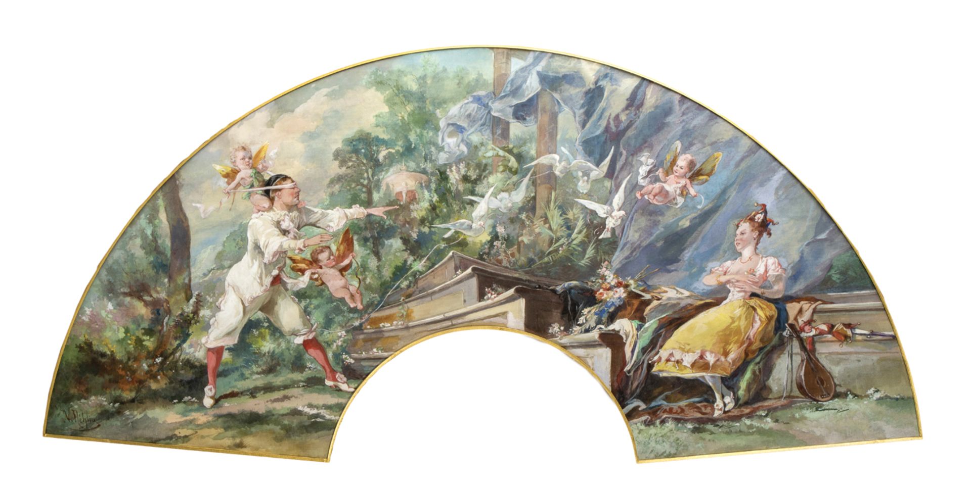 Viktor NEHLIG (1830-1909).<br>Scène galante avec Pierrot jouant à colin-maillard.<br>Aquarelle. (Pro