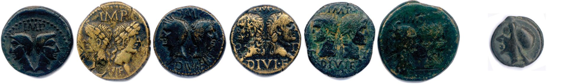GAULE SIX monnaies en bronze : 6 As de Nîmes au crocodile Agrippa et Auguste. On joint un Potin (