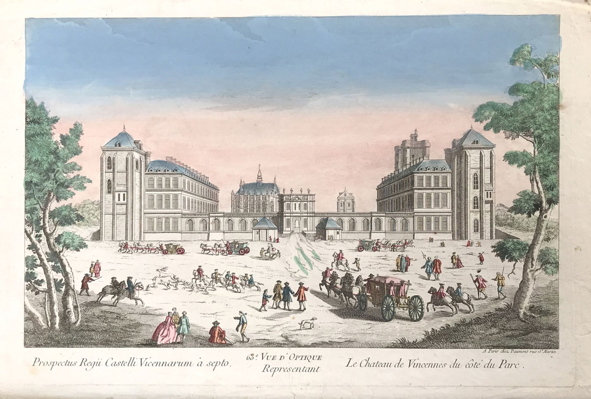 France. Châteaux et Palais. Trois vues d’optique. XVIIIème siècle.Le château de Vincennes du côté du