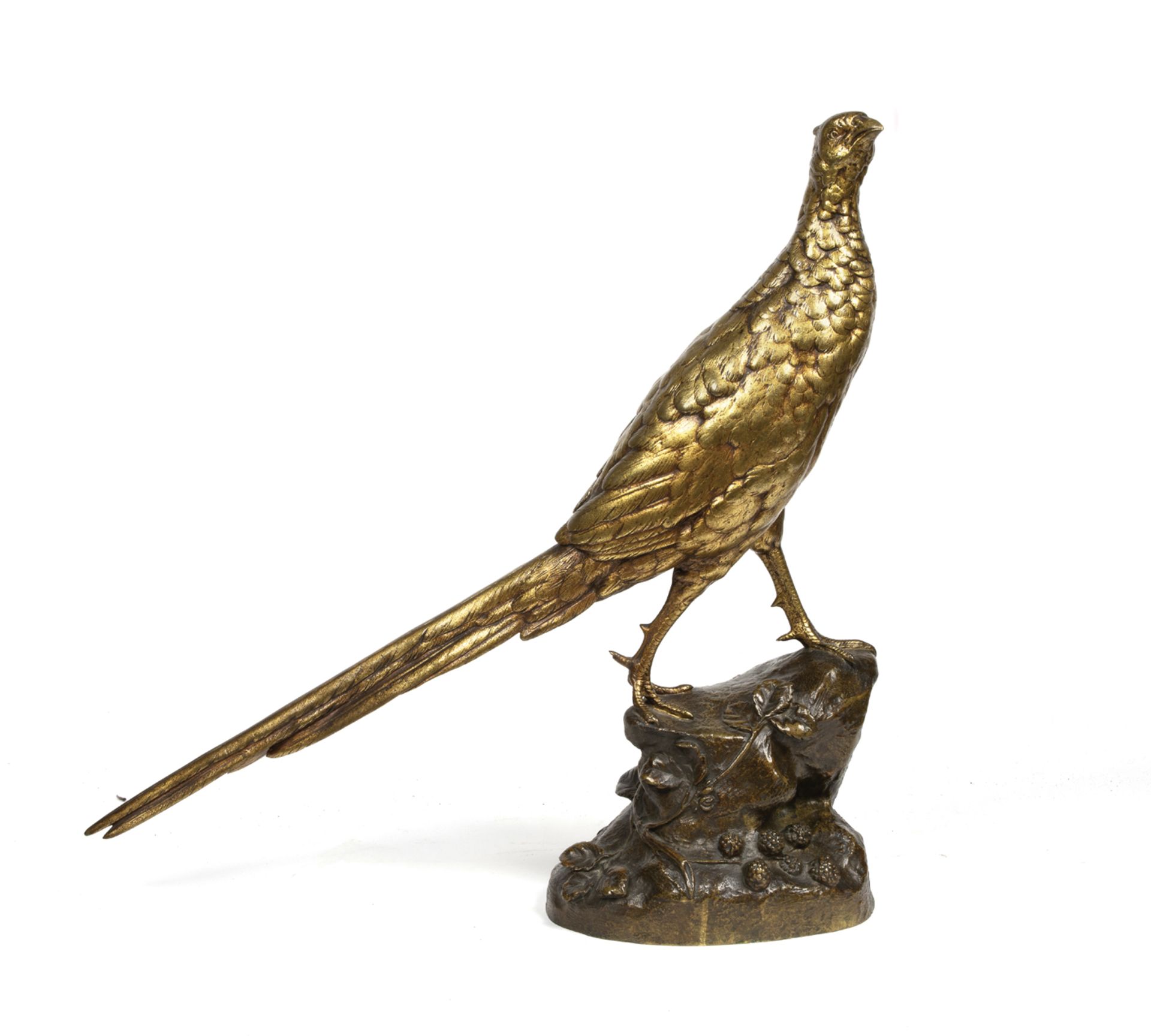 Léon BUREAU (1866-1906).Faisan vénéré sur une terrasse.Bronze doré et patiné. Signé sur le rocher.