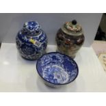 2x Ginger Jars and Blue and White Bowl