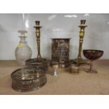 Pair of Brass Converted Candlesticks, Wine Coasters etc
