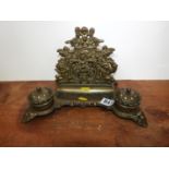 Brass Desk Letter Rack with Inkwells