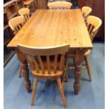 Solid Pine Table on Turned Legs with Single Drawer and 6x Slat Back Chairs Table - 150x86 cm 79cm