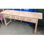 Stripped Pine Dresser Base with Three Drawers - 117cm x 49cm x 75cm High