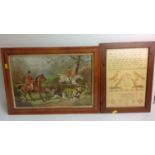 Framed Hunting Picture and Printed Sampler