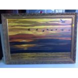 Large Gilt Framed Oil Painting - Sunset over the Severn Estuary