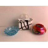 Glass Handbag and 2x Glass Bowls