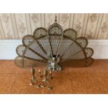 Vintage Peacock Brass Fire Screen and Pair of Dogs