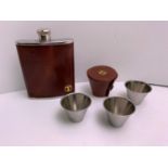 Leather Bound Hip Flask and Cups in Leather Holder