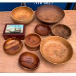 Treen Bowls and Wooden Box with Ship Picture Lid