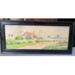 Signed Framed Watercolour - Cottage Scene - Lewis Visible Picture 72cm x 27cm