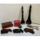 Treen Hippos, Box, Salad Servers, Nutcrackers and Green Glass Apple