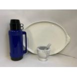 Large White Meat Plate/Serving Dish, New Thermos Flask and Pestle and Mortar
