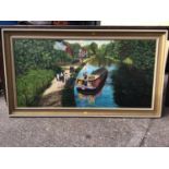 Large Framed Oil on Board - Barge on Canal