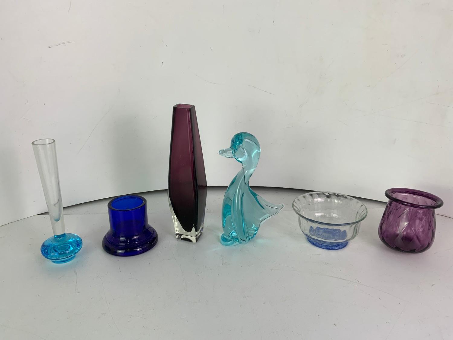 Coloured Glassware - Vases, Duck etc