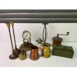 Brass Candlesticks, Cash Tin and Oil Lamp etc