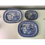 3x Blue and White Willow Pattern Meat Plates