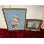 Framed Ship Picture and Embroidery