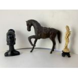 Wooden African Head, Resin Horse and Oriental Ornament