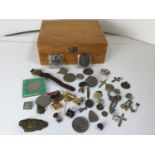 Wooden Box and Contents - Medals, Coins, Lynk Watch and Badges etc