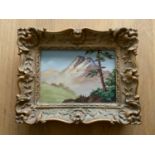 Gilt Framed Oil on Board - Alpine Scene - Visible Picture 13cm x 9cm