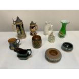Mixed China - Royal Doulton Bowls, Mug, Meeth Lidded Jar, Steins and Barum Jug etc