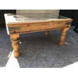 Oak Profusely Carved Glass Topped Coffee Table - 93cm x 65cm x 48cm