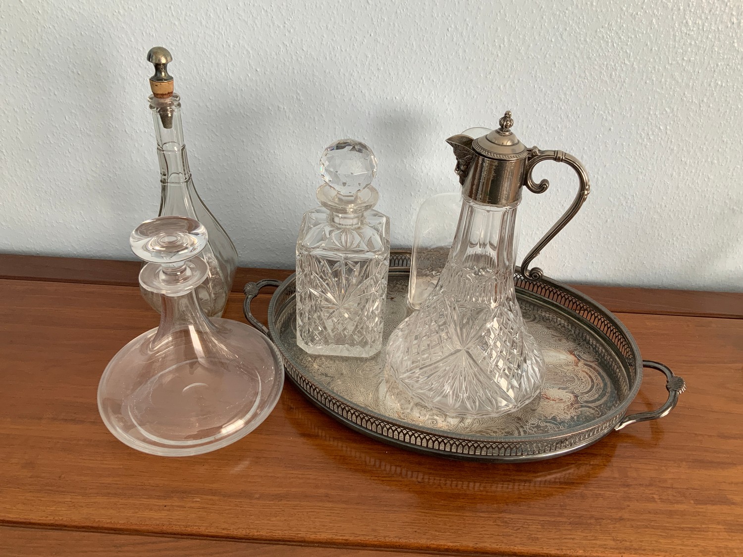 Decanters, Claret Jug and Galleried Tray