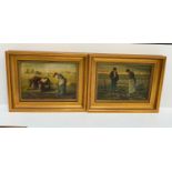 2x Gilt Framed Pictures - Oil on Board - Workers in the Fields