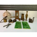 Brassware, Eclipse No.77 Saw Set, Pair of Fireplace Tiles - Stags, Metal Masks and Lamp Base etc