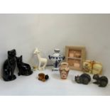 China and Ornaments - 1930s Larry the Lamb, Black Cats and Framed Shell Picture etc