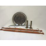 2x Leather Straps with Hooks (1 Hook Missing), Pair of Brass Candlesticks and Plated Platter