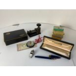 Sheaffer's Pen in Case, Vintage Brinco Wire Stapler and Staples and Acme Whistle etc