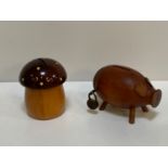 2x Wooden Money Boxes - Mushroom and Pig