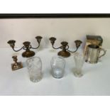 Silver Plated Candlesticks, Pewter Tankard and Vases etc