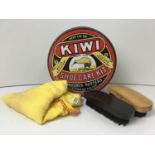 Old Advertising Kiwi Shoe Polish Tin and Contents - Shoe Brushes and Duster