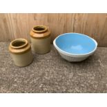 TG Green Mixing Bowl and 2x Stoneware Pots