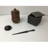 Treen Lidded Pot, Paperweight, Letter Knife and Lidded Box