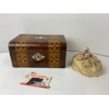 Walnut Inlaid Jewellery Box - Now Used as Sewing Box with Half Doll Pin Cushion