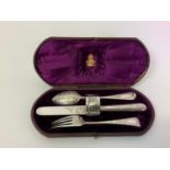 Elkington Silver Plate Christening Set in Leather Case