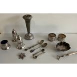 Silver Napkin Rings, Silver Dish (Damaged) and Silver Plated Condiments etc