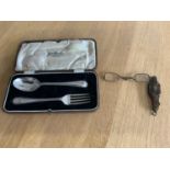 Cased Silver Childs Spoon and Fork and Lorgnette