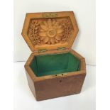 Hexagonal Treen Box with Carved Detail Inside Lid